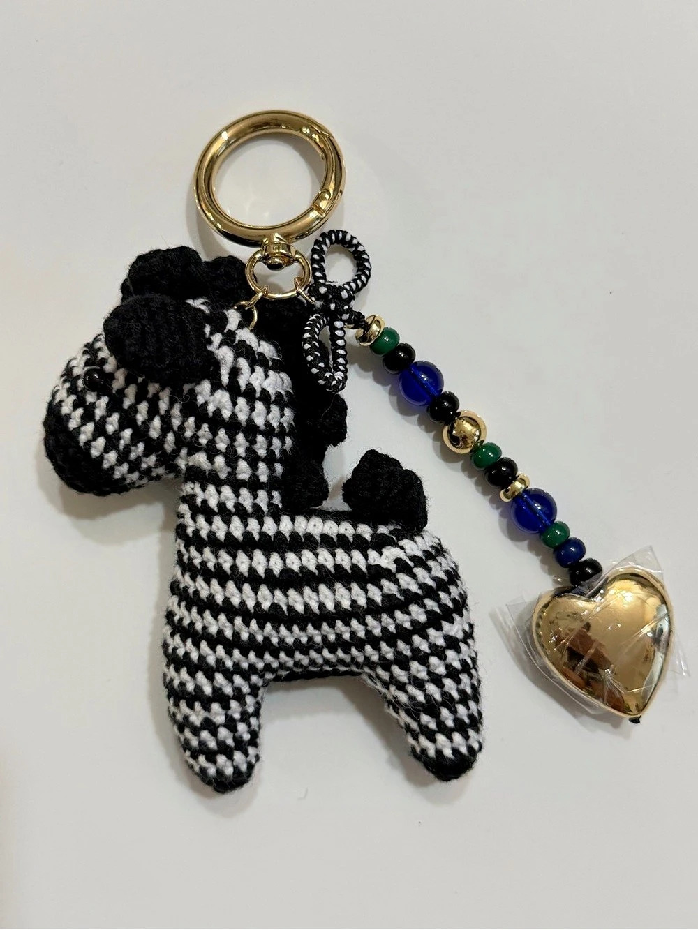 Black White Crochet Horse Bag Charm Keychain Gold Heart Beaded